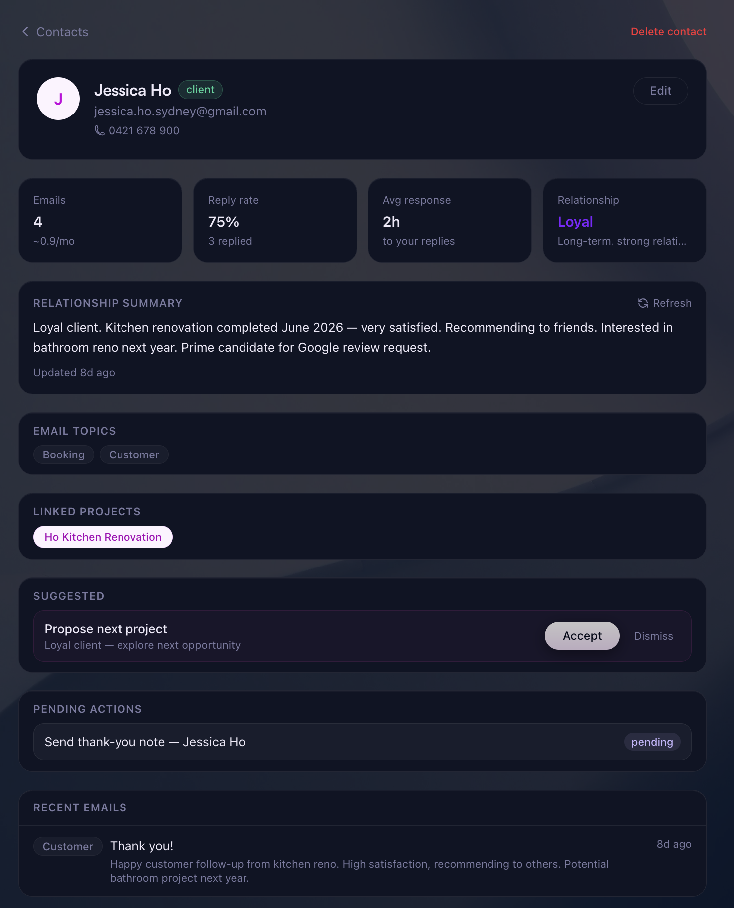 Contact detail showing relationship summary and suggested actions
