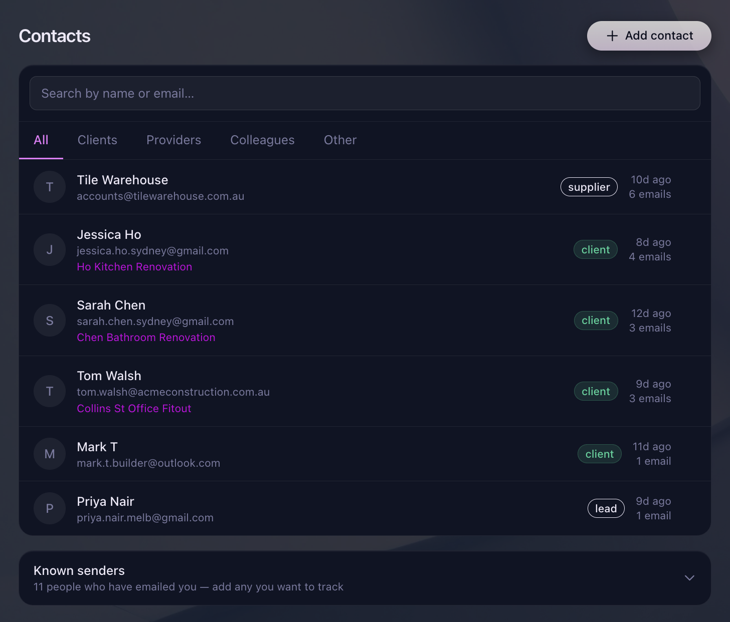 Contacts list showing clients, suppliers and colleagues