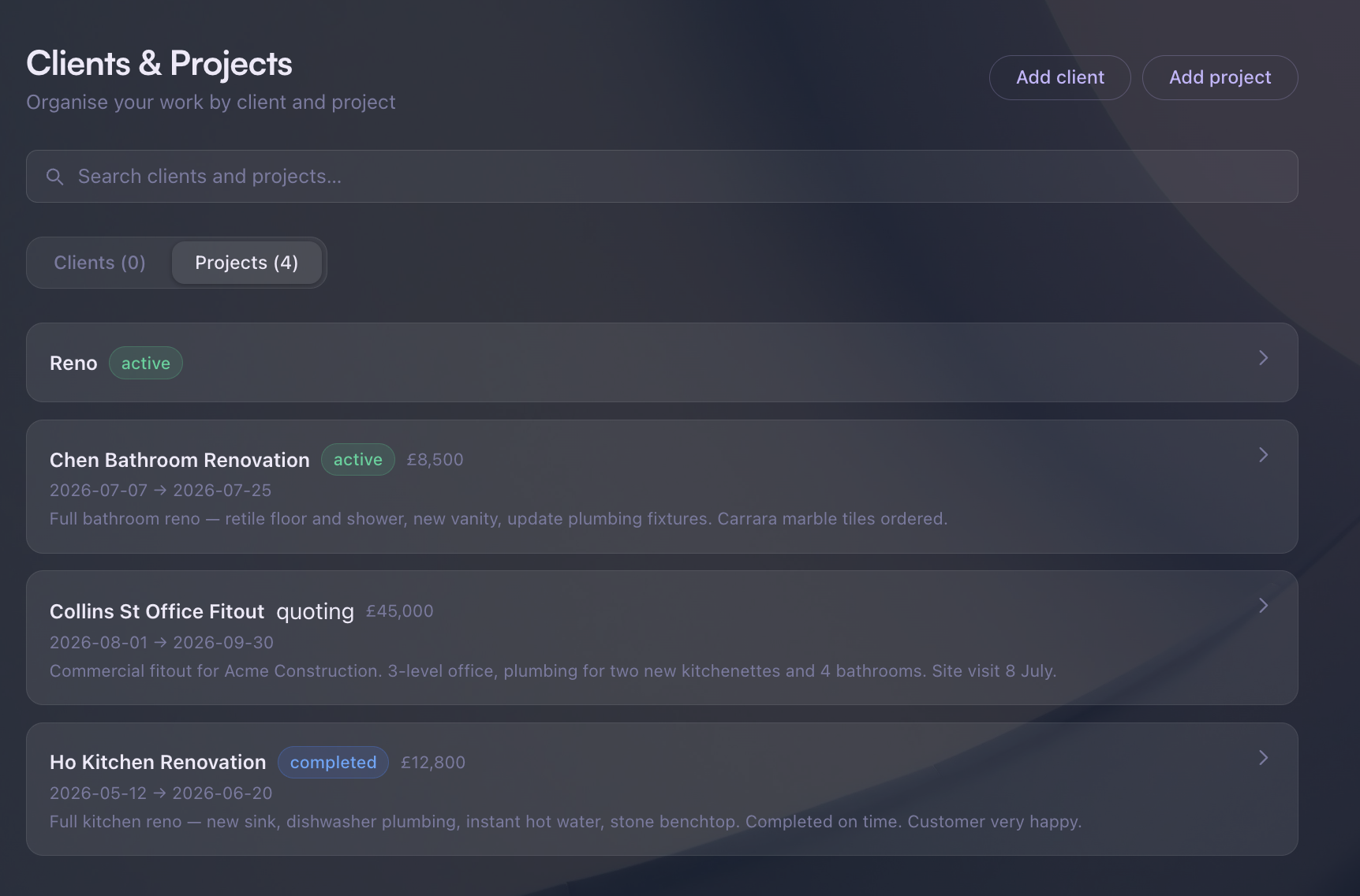 Projects list with active and completed jobs and values