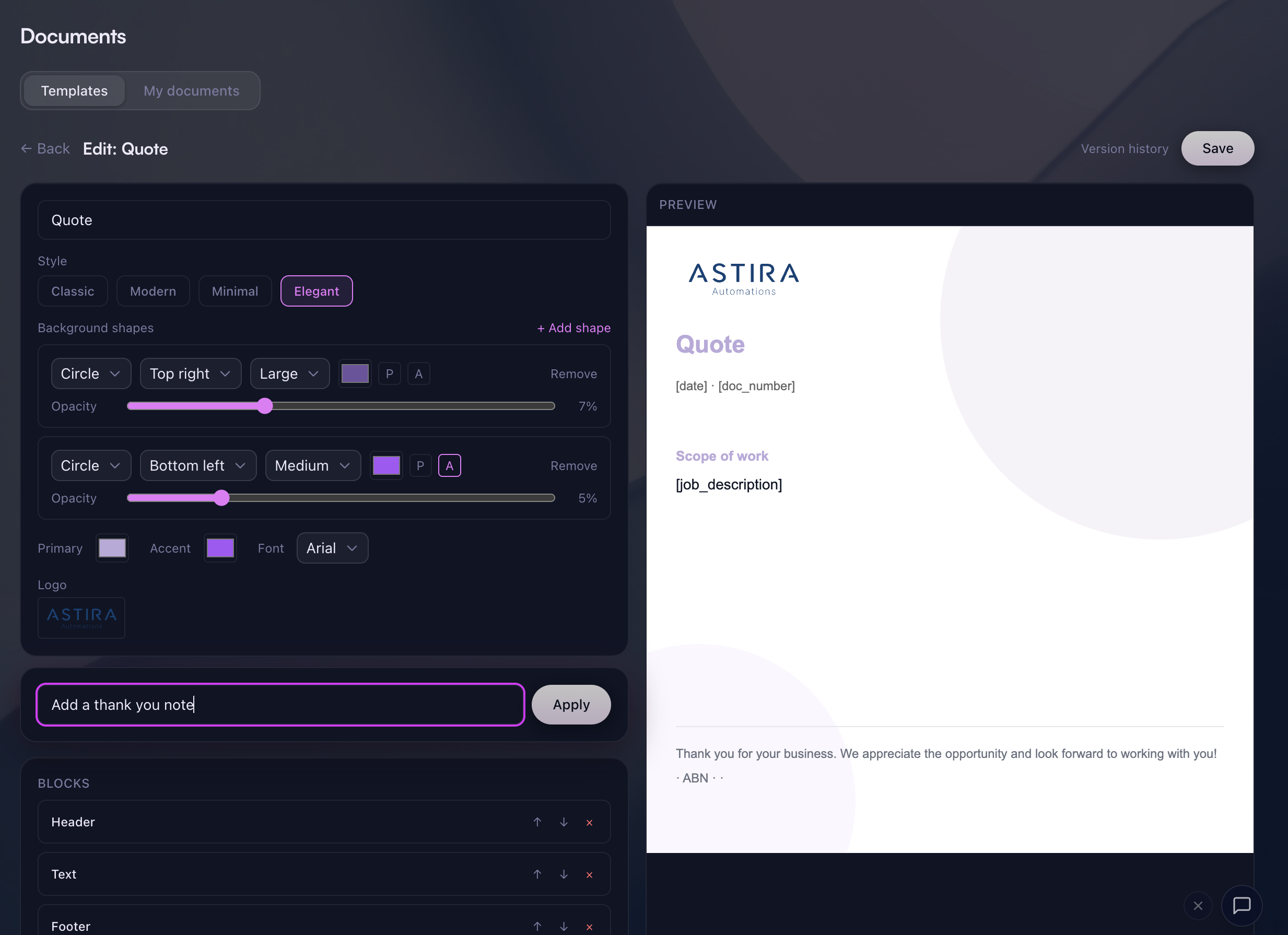 Quote template editor with live branded preview